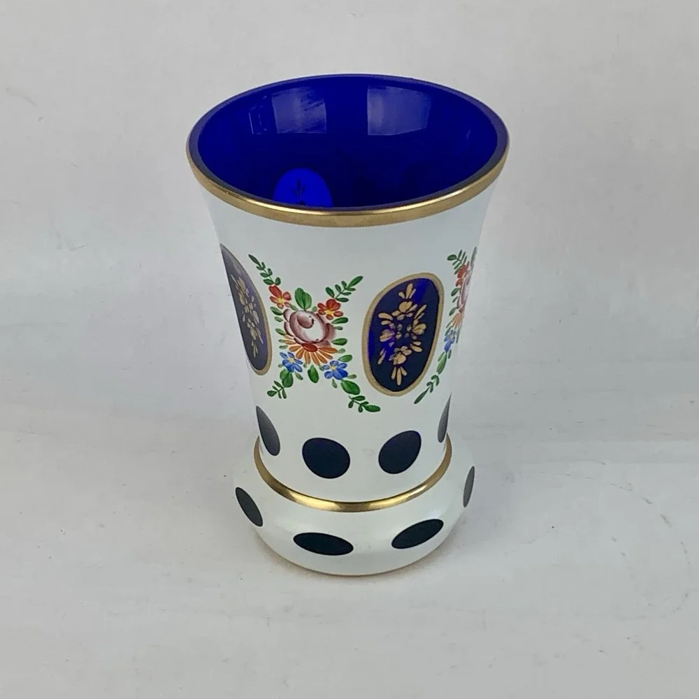 LAUSITZER GLAS Cobalt Blue Cut Crystal Vase Enameled Hand Painted Floral German